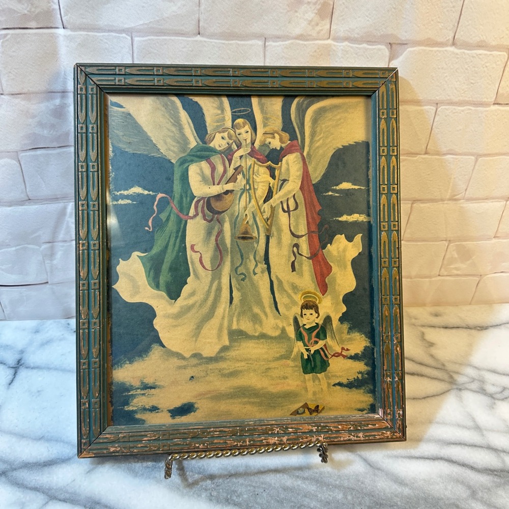 Vintage Musical Angels Lithograph Print Teal Gold Carved Wood Frame 12.5x15.5